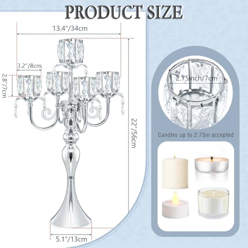 Crystal Candle Holder with Square Bowl - Silver 5-Arm 22-Inch Centerpiece for Weddings & Events - Variation: Square-Crystal Bowl