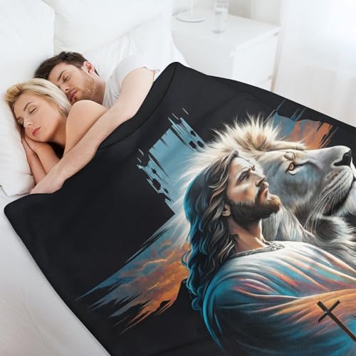 Jesus and the Lion Throw Blanket 40x50 Inch - Cross Art Design, Soft Eco-Friendly Fleece