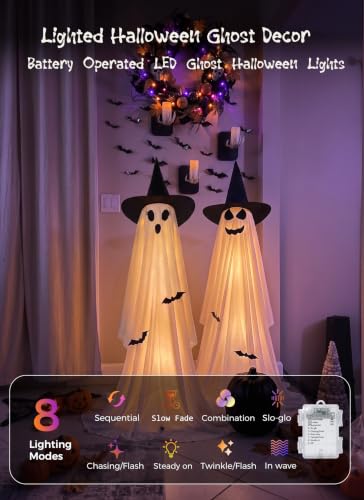 Halloween Ghost Decorations Light Up Ghosts with Tripods - 2 Pack, 59 Inch, Remote Control