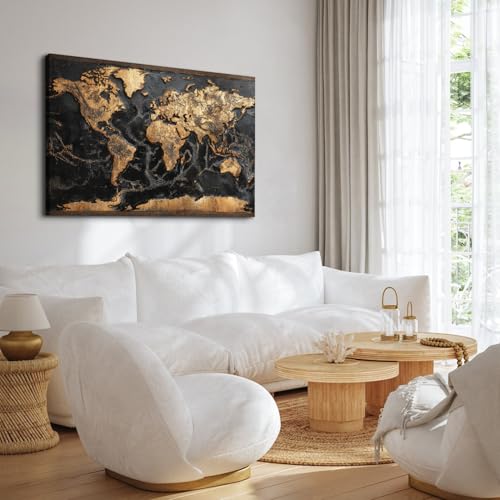 48 Inch Large Canvas World Map Wall Art - Black & Gold Office Decor - Abstract Golden Map Print - Boys & Men Bedroom Home Accent