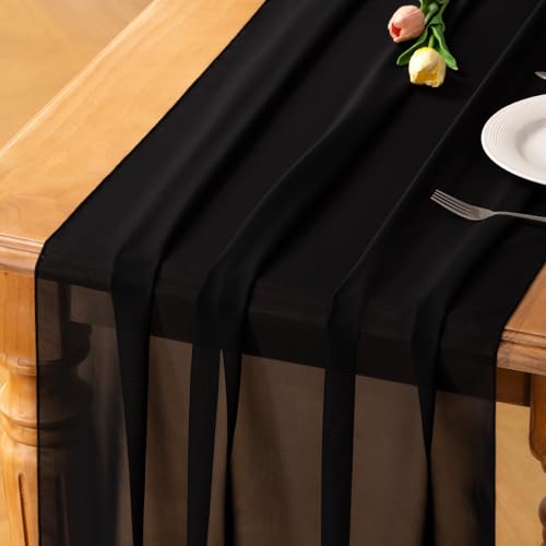 Black Chiffon Table Runner for Halloween & Fall Decor - 29 x 170 Inches, 3 Pieces