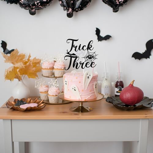 Black Glitter Trick or Three Cake Topper Halloween Birthday Decorations