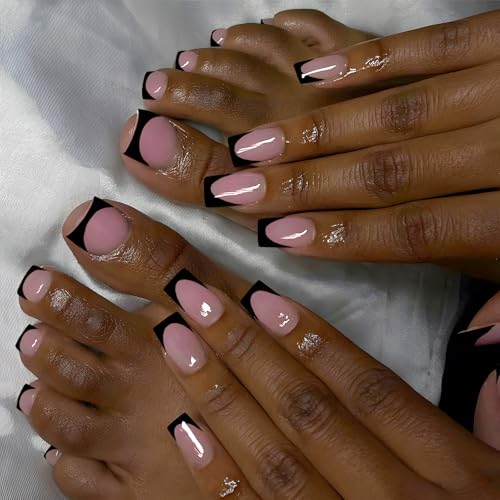 Black French Tip Press On Nails Square Medium 60pc Kit with Nail Files & Adhesive