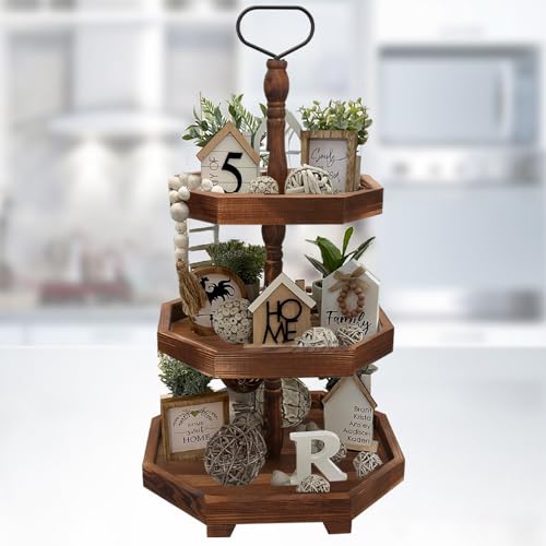 Wooden 3-Tier Rustic Black Serving Tray Farmhouse Cupcake Stand & Kitchen Organizer