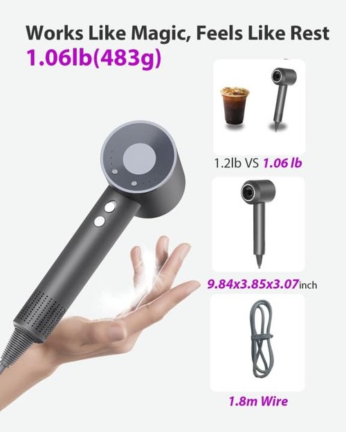 Hair Dryer with Carry Case, 160000 RPM Professional High-Speed Ionic Blow Dryer 200 Millions Negative Ionic&3 Speeds&3 Temps& Low Noise, Hairdryer with diffuser for Faster Drying, No Heat Damage, Gray