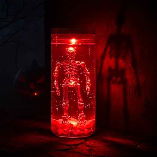 Skeleton Water Lamp - Creepy Horror Skeleton in Jar with Skulls, Silver Variation