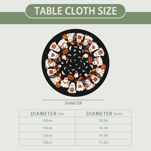 Round Halloween Tablecloth with Elastic Ghost Pumpkin Bat for 40-44 Inch Tables - Black, White, 43"