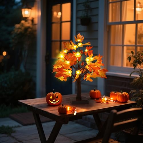 Artificial Fall Maple Tree with 48 LED Lights, Battery & USB Powered Decor for Thanksgiving & Home