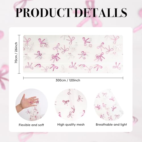 Pink Bow Beige Gauze Table Runner 120 Inch 10FT - Valentine’s Day Wedding Decor