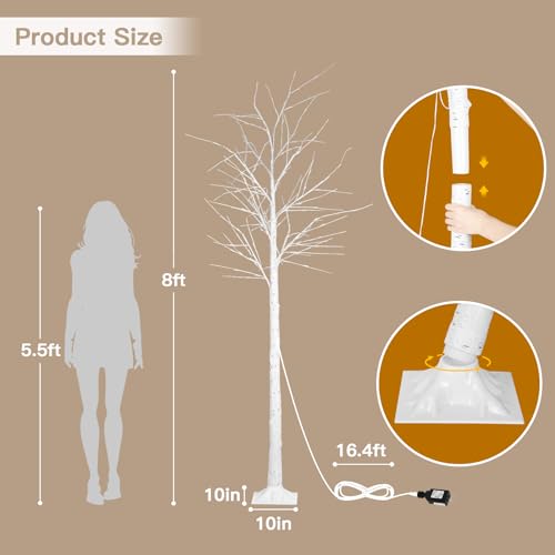 8FT Lighted Artificial Birch Tree with Warm White LED Lights for Christmas and Holiday Decor