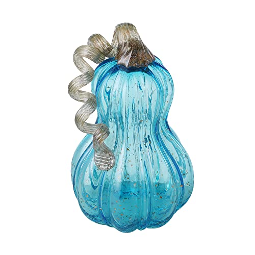 Hand Blown Glass Pumpkin Decor - 8.5-Inch Blue Fall Centerpiece for Thanksgiving & Halloween