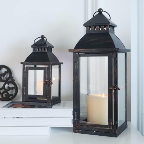 Large Bronze Metal Lanterns Set of 2 with Glass for Indoor Outdoor Decor - 17" & 11" Variation
