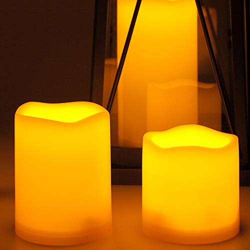 Dark Ivory Waved Top 4 Pack Waterproof Battery Operated LED Flameless Pillar Candles 3x3 Inches