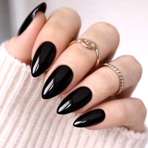 Black Obsidian Press-On Nails Medium Almond Stiletto Fake Nails, Gel Shine