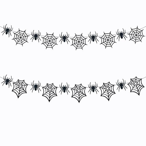 Halloween Spider Web Garland with Felt Spiders - 2 Pack Indoor Outdoor Decor