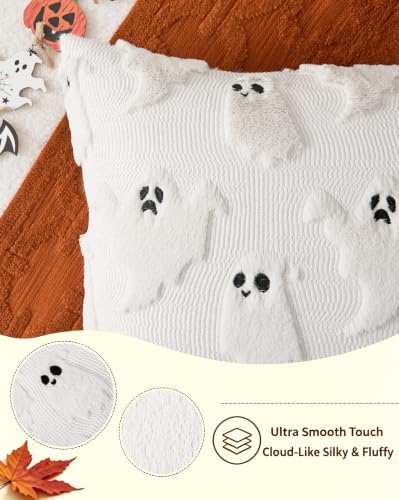 Halloween Faux Rabbit Fur Pillow Covers 18x18 - Ghost & Boo Design, Pack of 2 - Ghost White Variation