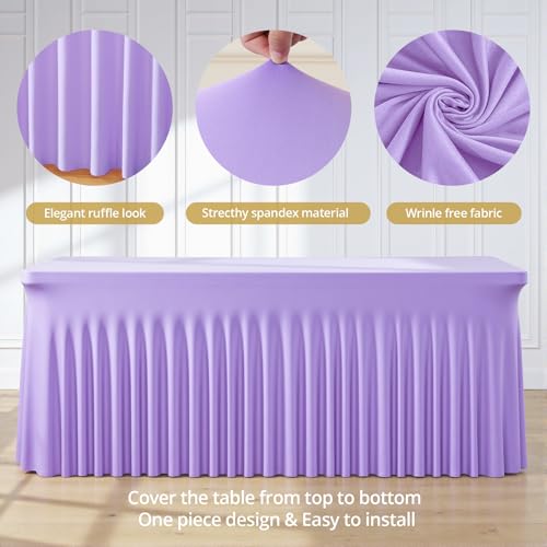 Lavender Spandex Tablecloths for 6ft Rectangle Tables - 4 Pack Light Purple Stretch Fitted Cover with Skirt