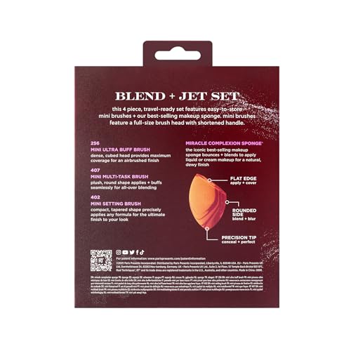 Real Techniques Blend + Jet Set Travel Makeup Brush & Sponge Set, 4 Piece Mini Holiday Gift Set for Foundation, Blush & Setting Powder, Compact & Travel Friendly, Cruelty-Free & Vegan