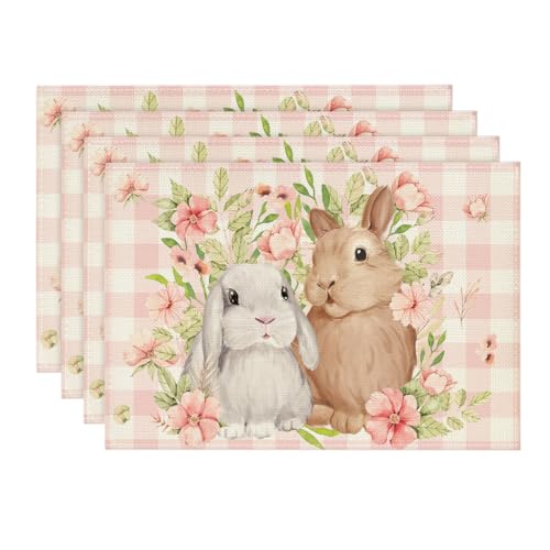 Pink Bunny Rabbit Flowers Easter Placemats Set of 4 - 12x18 Inch Spring Table Decor