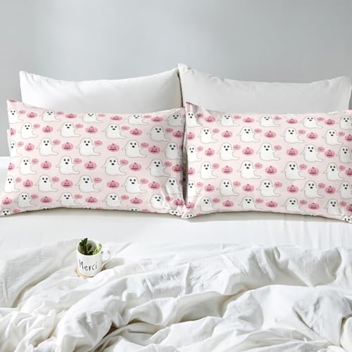 Pearl Pink Happy Halloween Kids Bed Sheets Set Twin Size with Fitted & Flat Sheets