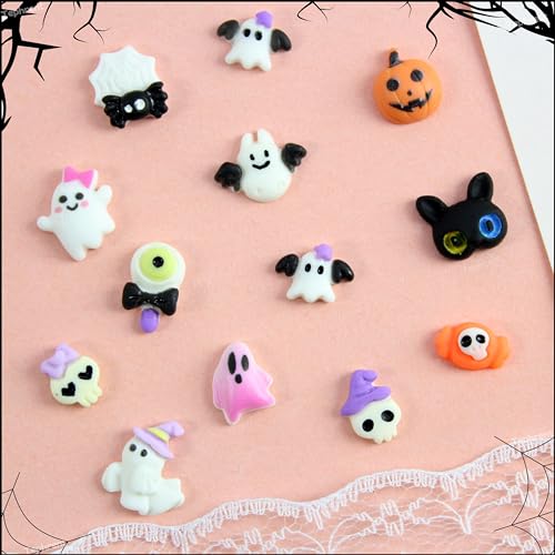 Halloween Nail Charms Set with Ghost Pumpkin Skull Bats 72Pcs Pink Ghost - Variation 01
