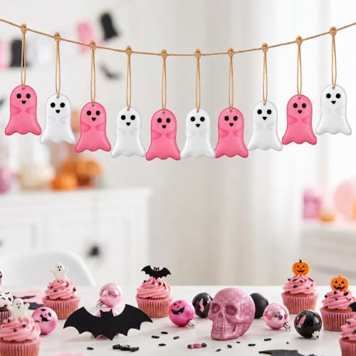 Cute 10 Pack Pink Halloween Ghost Hanging Ornaments - Metal Decor Set