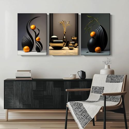 Black Abstract Canvas Wall Art Set - 12 x 16 in Modern 3-Piece Sculpture