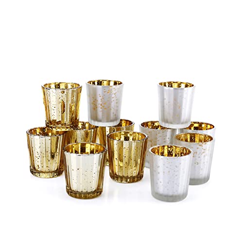 Set of 12 Silver and Gold Mercury Glass Votive Candle Holders - Wedding, Holiday Decor