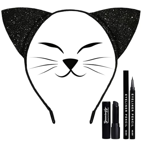 Halloween Cat Makeup Kit with Headband, Eyeliner & Lipstick - Black & Adjustable