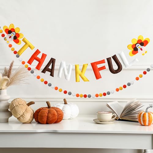 Thankful Thanksgiving Felt Banner with Pom Poms and 3D Letters - Fall Decor