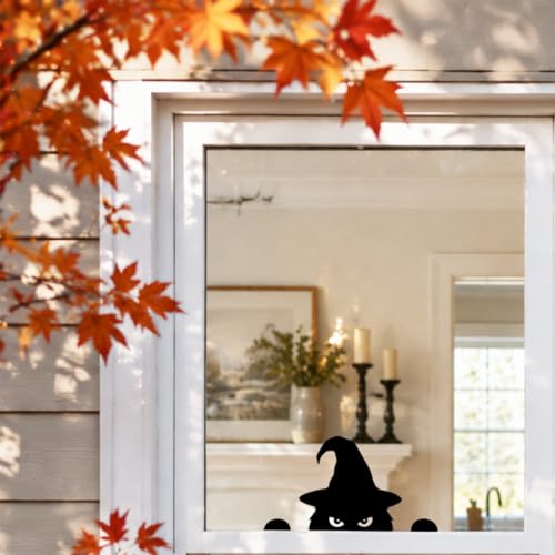 Peeking Black Cat Halloween Window Decoration - Witch Hat & Sign, Small Spooky Home Decor