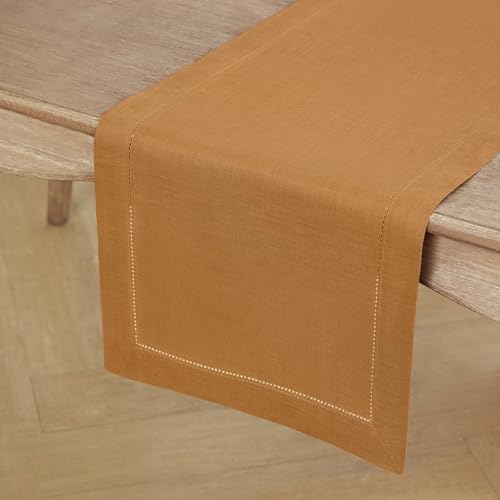 Linen Table Runner Brown Sugar 14 x 60 in Hemstitch - Handcrafted European Flax