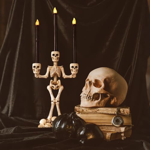 White Skeleton Candelabra with Black LED Candles Set - Gothic Halloween Decor