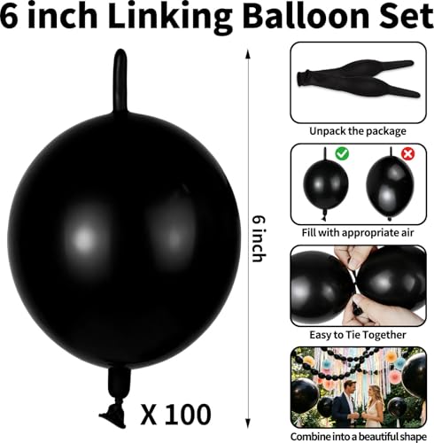 Black Link Balloons 6 Inch Latex Balloon Set - 100 Pack for Party Decor