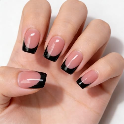 Press On Nails Black French Tip Fake Nails Short Square M / A 2626
