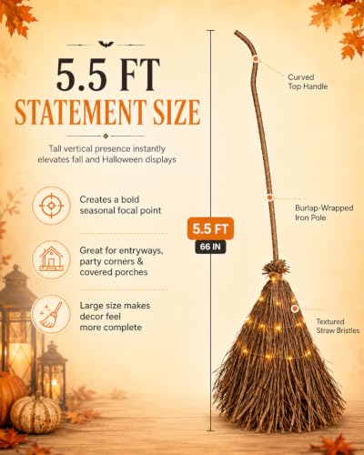 Lighted Halloween Witch Broom Decor - 5.5ft Outdoor Fall & Party Accent