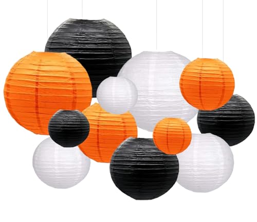 Halloween Paper Lanterns Set - Black, Orange, White 12pcs Decorative Hanging Decorations