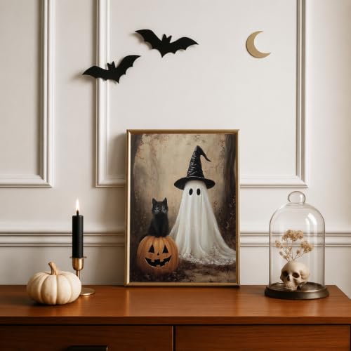 Halloween Ghost and Black Cat Wall Art - 8x10 Inch Canvas Print - Variation: Ghost and Black Cat