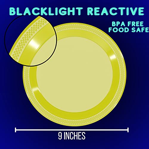Black Light Glow Party Plates - 60 Pack, 9 Inch Assorted Neon Disposable Plates - UV Reactive for Birthday & Neon Parties