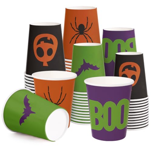 Halloween Paper Cups 9oz - Spider Design, Colorful Spider Variation, 48 Pack