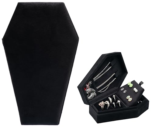 Velvet Coffin Jewelry Travel Case Holder for Gothic Wedding Jewelry Organizer - Black 4 Grid