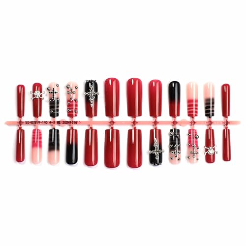 MISUD Long Square Press On Nails with Cross Design - Goth Red Black, 24 pcs + Glue - Variation 020A00Red&Black