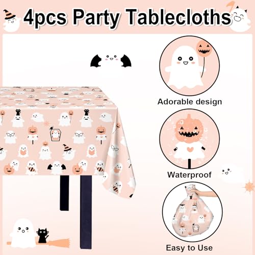 Halloween Tablecloth 4 Pcs 108x54 Inch Orange Boo Theme Disposable Plastic