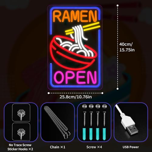 Ramen Open Neon Sign - Dimmable Japanese Noodle LED Light for Restaurant & Bar - Variation: Ramen