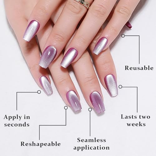evpct Lavender Purple Cat Eye Glitter Coffin Press-On Nails - Medium Square, 32 Pack
