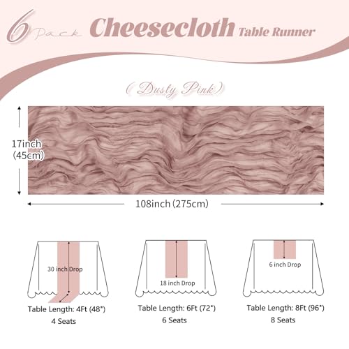 6 Pack Dusty Pink Cheesecloth Table Runner 17x108 Inch for Wedding Party Home Decor