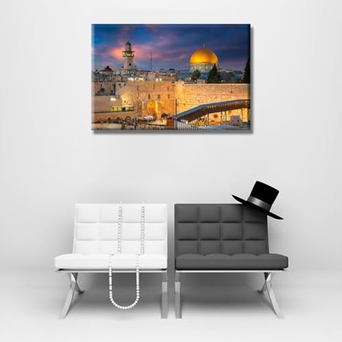 Jerusalem Wall Art Canvas - Dome of the Rock & Western Wall Sunset Scene, 16x24 Inch, Ready to Hang