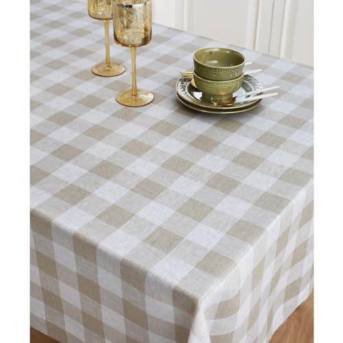 Solino Home Linen Tablecloth 60 x 144 in Natural White Check - Handcrafted