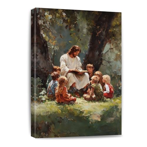 Jesus with Children Canvas Wall Art - Watercolor Religious Kids Room Decor - 12 x 8 Inches - White Frame