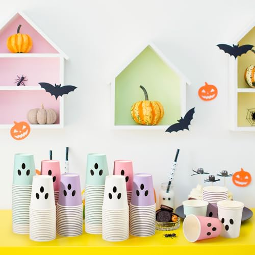 Pastel Halloween Ghost Face Paper Cups - 100 Disposable Party Drinkware with Variation Ghost Face